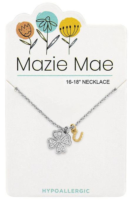 Mazie Mae Girls Necklace Silver CZ Clover &amp; Horseshoe