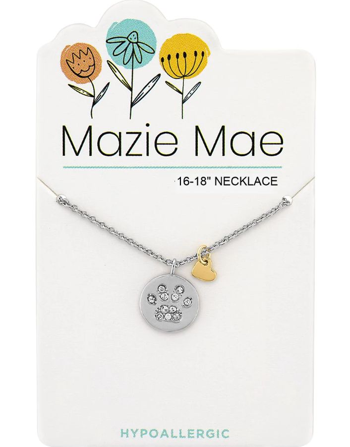Mazie Mae Girls Necklace Silver Paw Print Pendant &amp; Gold Heart Dangle