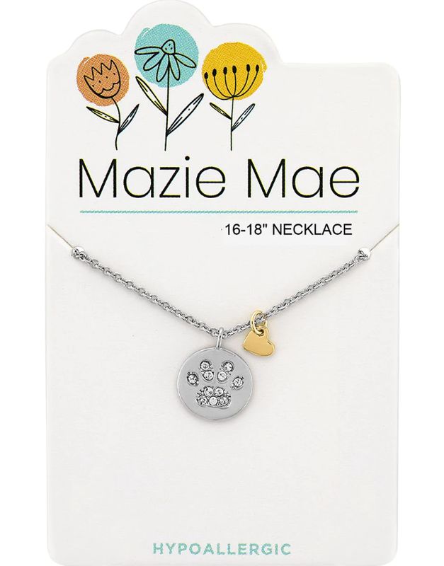 Mazie Mae Girls Necklace Silver Paw Print Pendant &amp; Gold Heart Dangle