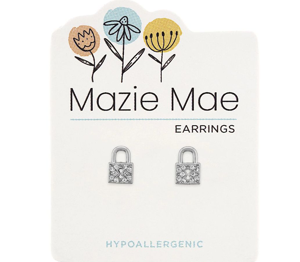 Mazie Mae Girls Earrings Silver CZ Padlock Stud