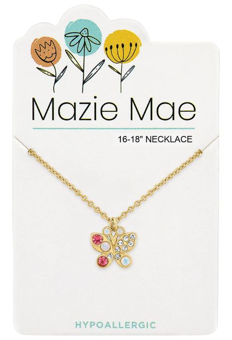 Mazie Mae Girls Necklace Gold Opal &amp; Vintage Rose Butterfly