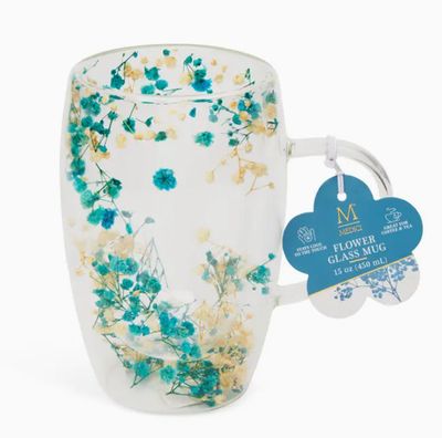 Glass Mug Cream Blue Flowers