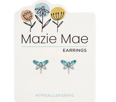 Mazie Mae Girls Earrings Silver Aquamarine Dragonfly Stud