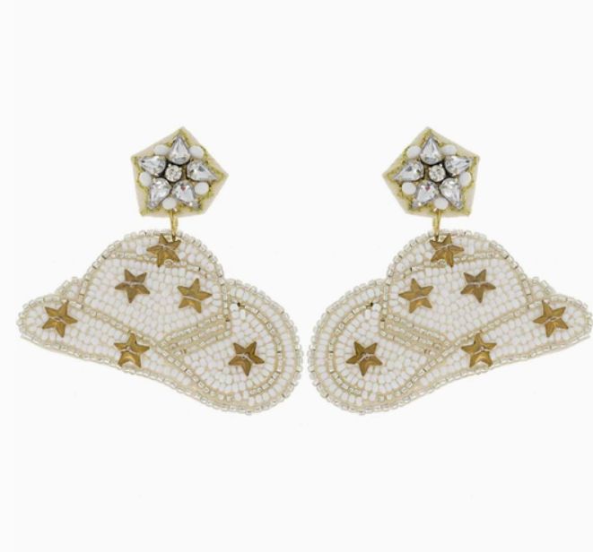 Jeweled Star Cowboy Hat Dangle Earrings White
