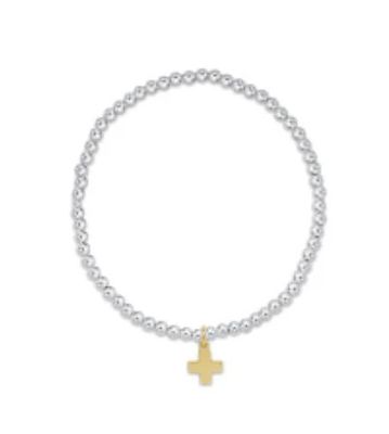 Classic Sterling Mixed Metal 3mm Bead Bracelet Signature Cross Gold Charm