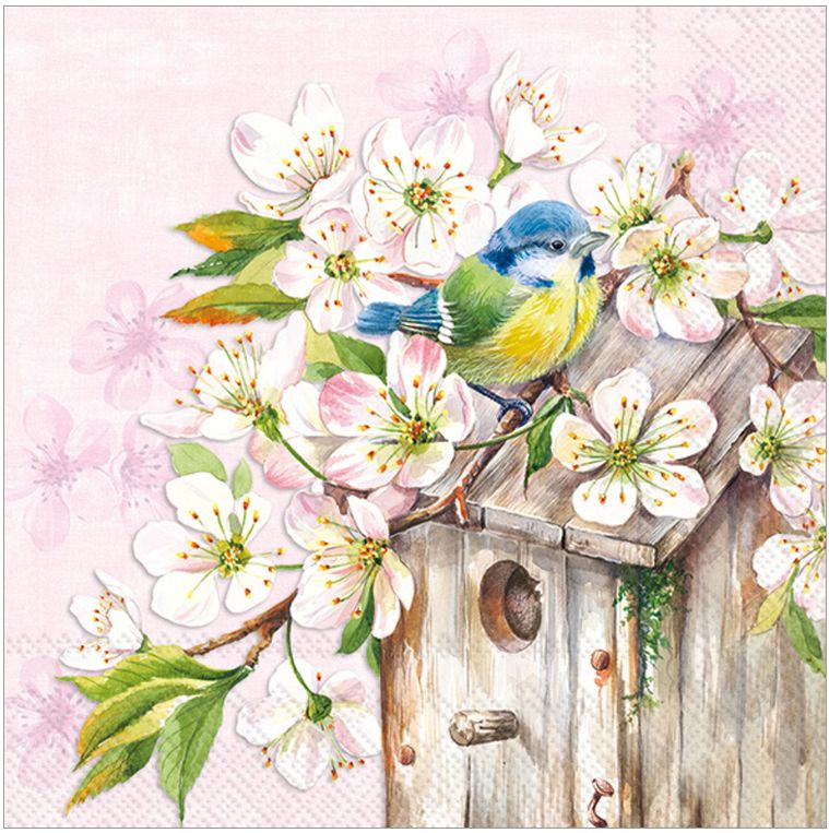 Cherry Blossom Birdhouse Rose Cocktail Napkin