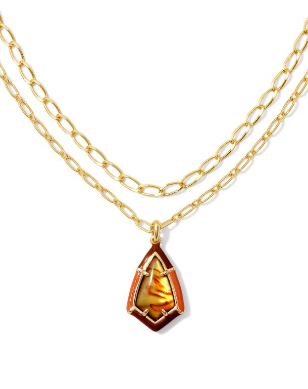 The Camry Enamel Frame Gold Necklace in Marbled Amber Illusion