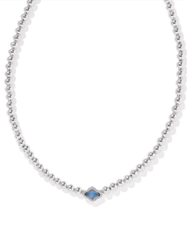 The Abbie Silver Beaded Necklace in Light Blue Mother of Pearl