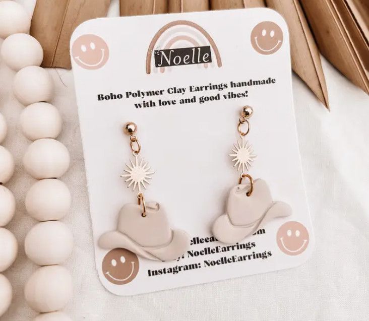 Cream Clay Cowgirl Hat Earrings