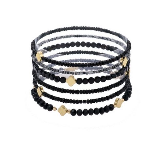 The Iman Beaded Bracelet Stack, Color: Gold Black