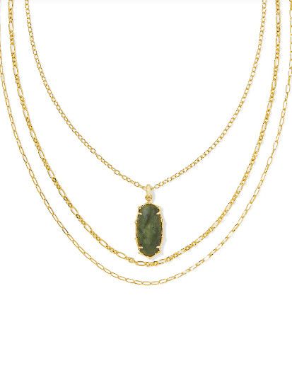 The Elle Vintage Gold Bamboo Frame Triple Strand Necklace in Sage Serpentine