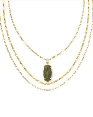The Elle Vintage Gold Bamboo Frame Triple Strand Necklace in Sage Serpentine