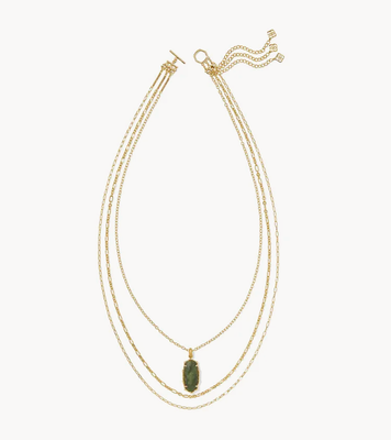 The Elle Vintage Gold Bamboo Frame Triple Strand Necklace in Sage Serpentine