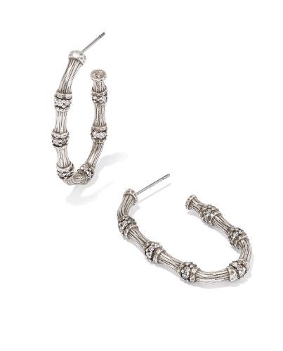 The Maura Bamboo Hoop Earring  White Crystal, Color: Vintage Silver