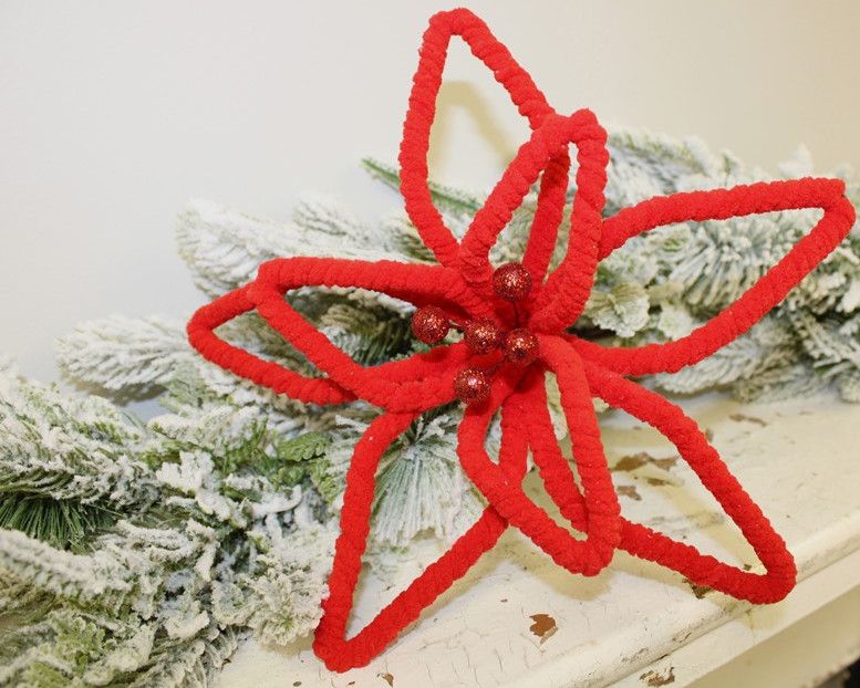 Red Chenille Poinsettia Stem with Glittered Berries