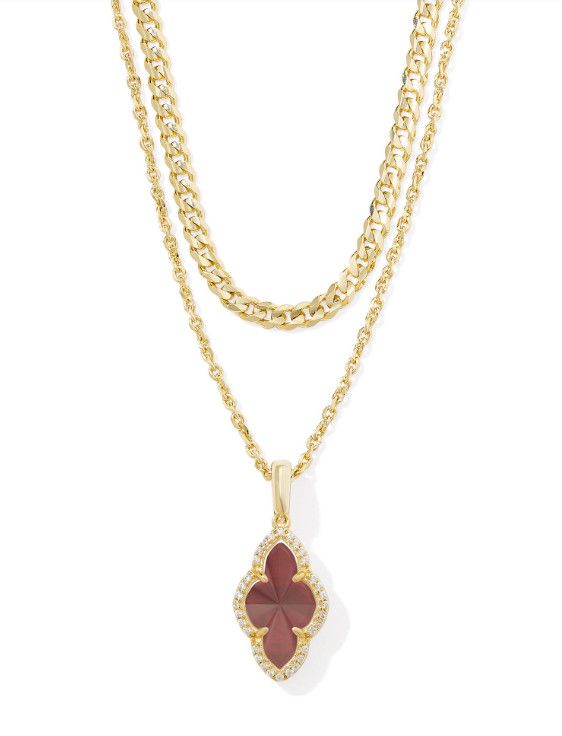 The Abbie Pave Frame Multistrand Gold Necklace in Cranberry Illusion