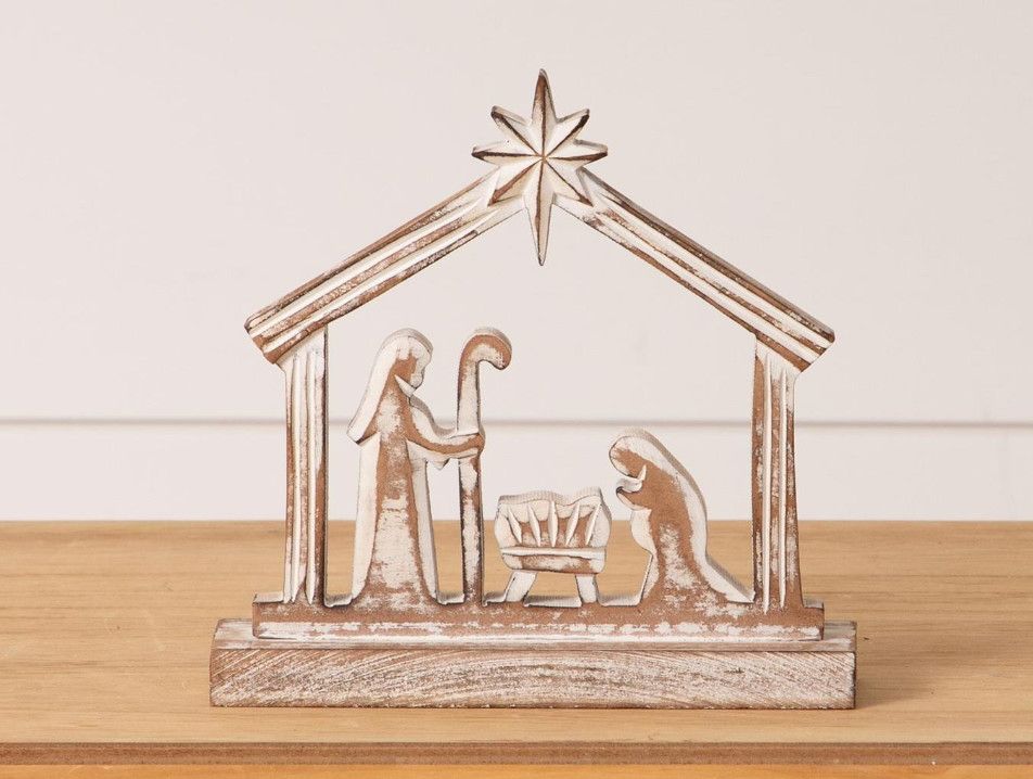 Whitewashed Carved Wood Nativity