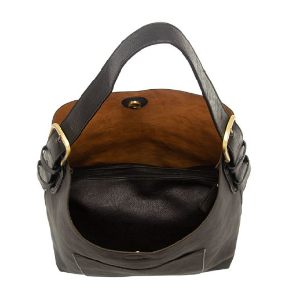 Faux Suede Hobo Handbag Black Handle  | Black