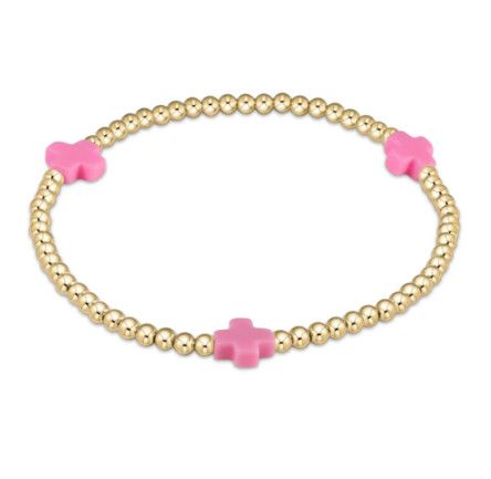 Signature Cross Gold Pattern 3mm Bead Bracelet , Color: Bright Pink