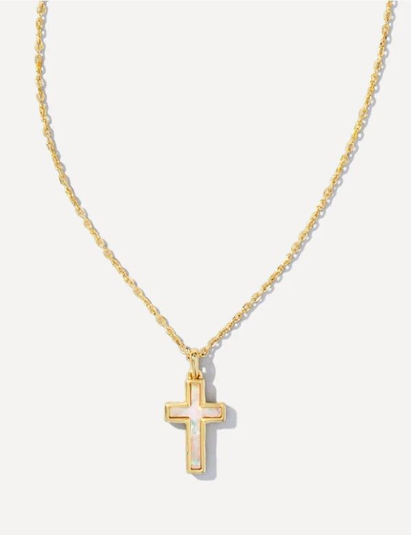 The Cross Pendant Necklace in White Kyocera Opal, Color: Gold