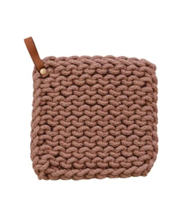 Leather Loop Crochet Pot Holder, Color: Brown