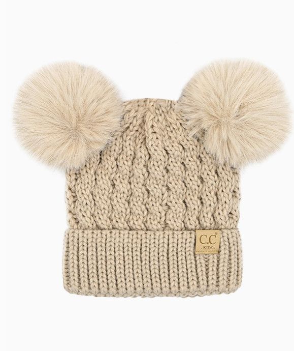Kids Double Pom Beanie, Color: Beige