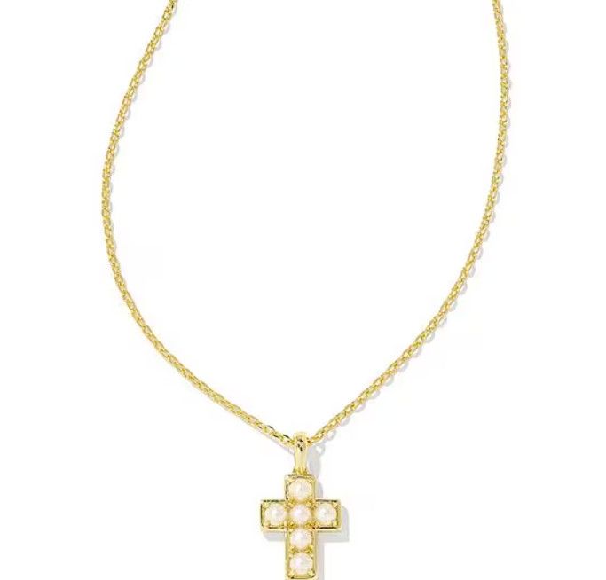 The Pearl Cross White Pearl Pendant Necklace, Color: Gold