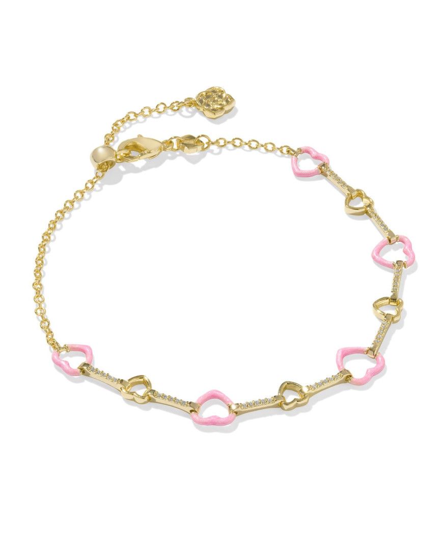 The Haisley Heart Delicate Gold Bracelet in Pink Pearlescent Enamel