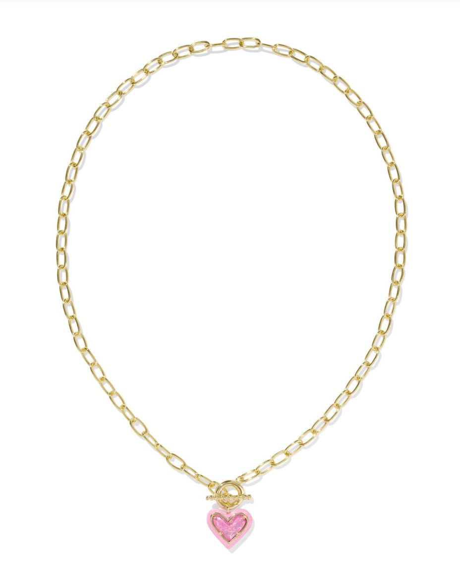 The Ari Heart Enamel Frame Gold Chain Necklace in Pink Iridescent Glitter