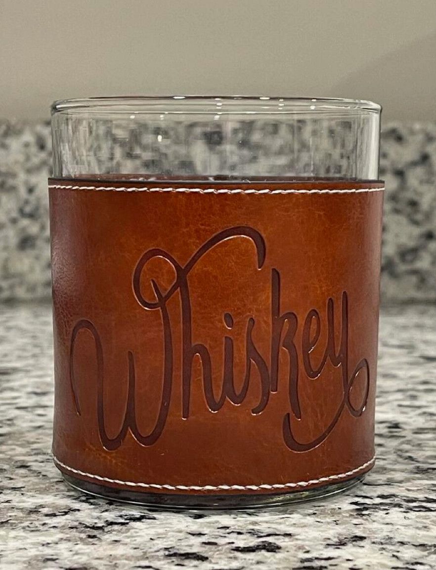 Whiskey Word Faux Leather Rocks Glass