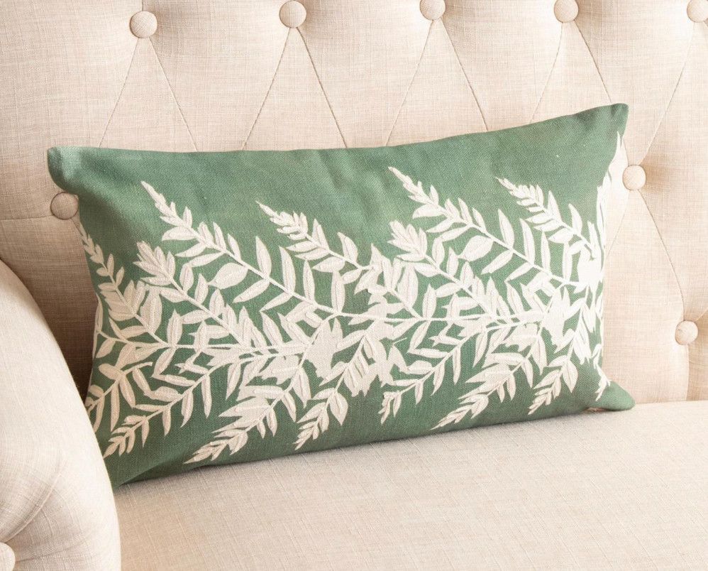 Embroidered Leafy Green Pillow