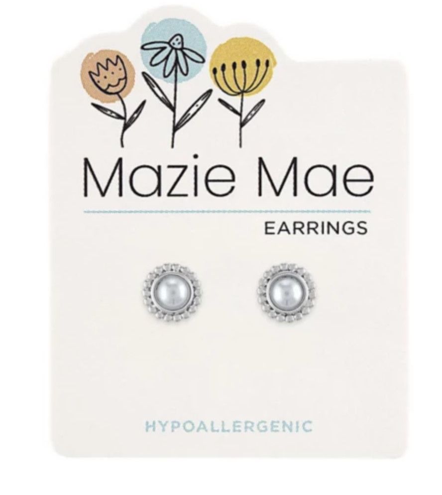 Mazie Mae Girls Earrings Silver Beaded Pearl Stud