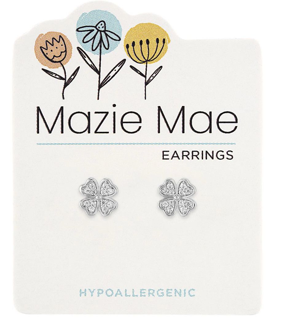 Mazie Mae Girls Earrings Silver CZ Clover Stud