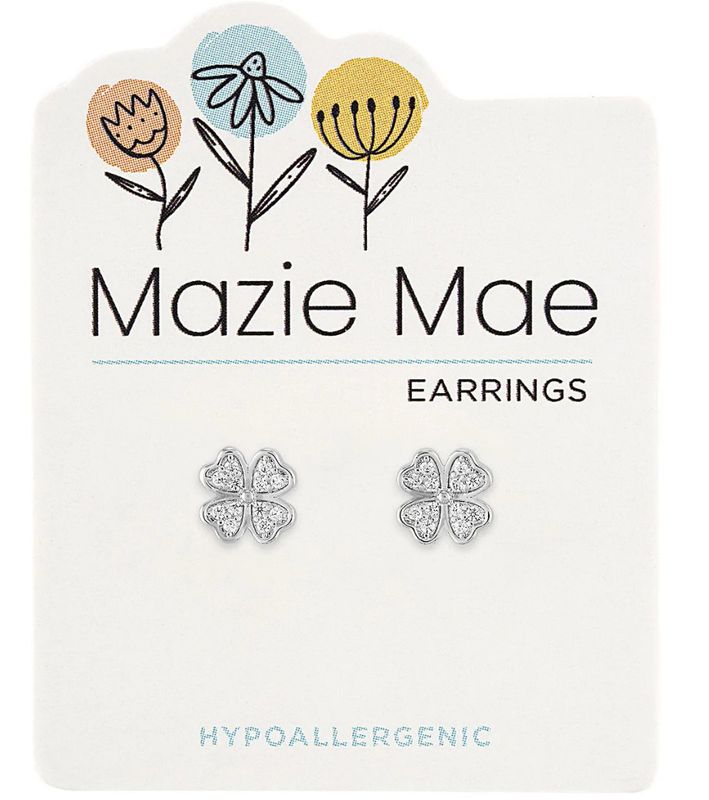 Mazie Mae Girls Earrings Silver CZ Clover Stud