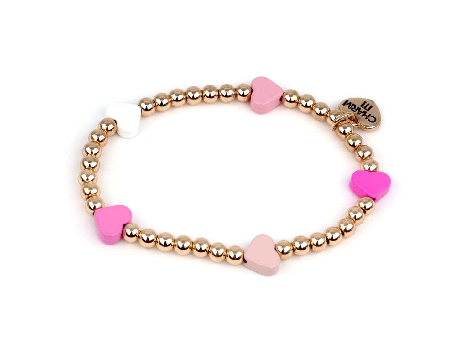 CHARM IT! Gold Bead Pink Heart Stretch Bracelet