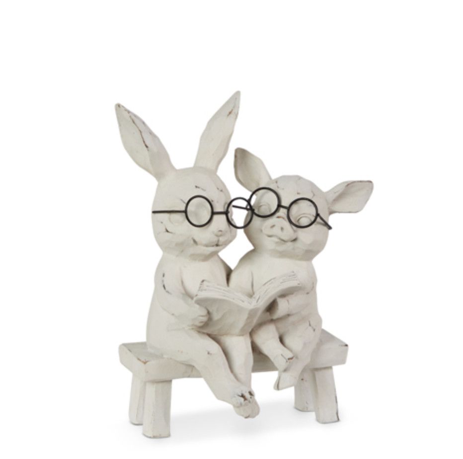 Reading Bunny + Pig on Bench