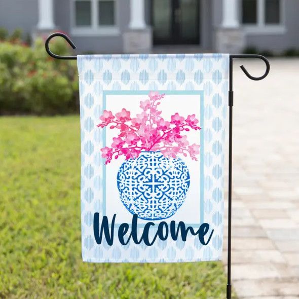 Chinoiserie Vase Pink Florals Garden Flag
