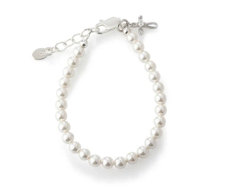 The Lacey Sterling Silver with Pearls + Cross Child&#39;s Bracelet