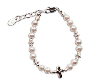 The Emily Sterling Silver Pearl + Cross Bead Center Child&#39;s Bracelet