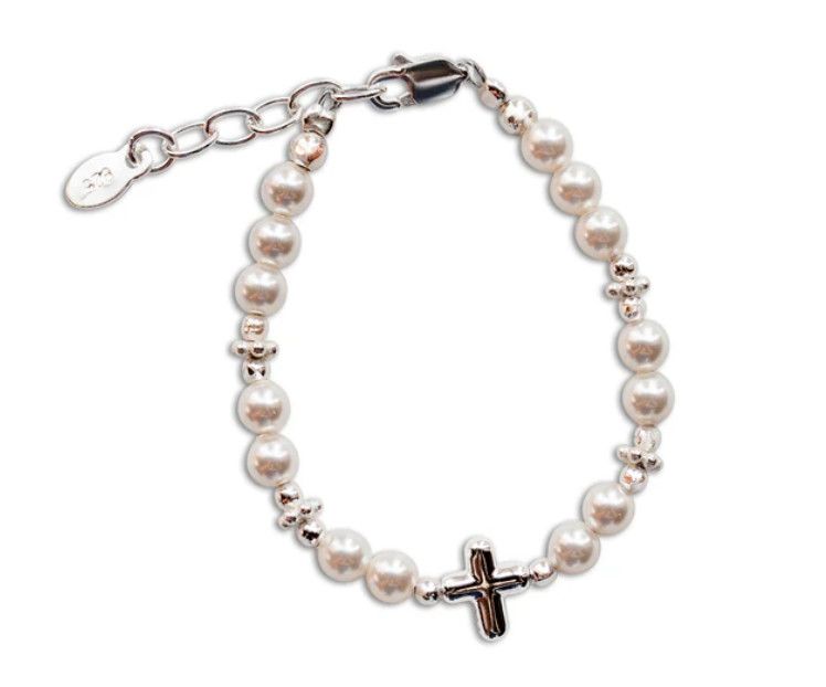 The Emily Sterling Silver Pearl + Cross Bead Center Child&#39;s Bracelet
