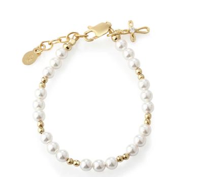 The Jayde 14K Gold Plated Sterling Silver + Pearl Bracelet with Infinity Cross Child&#39;s Bracelet