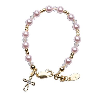 The Lauren Gold Plated over Sterling Silver with Pink Pearls + Gold Cross Child&#39;s Bracelet