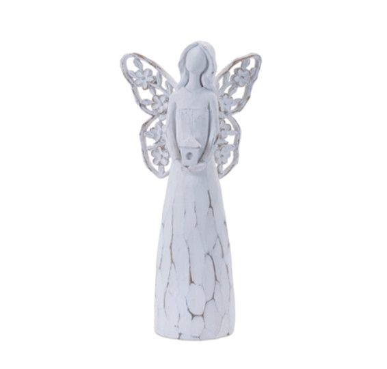 White Resin Angel with Birdhouse