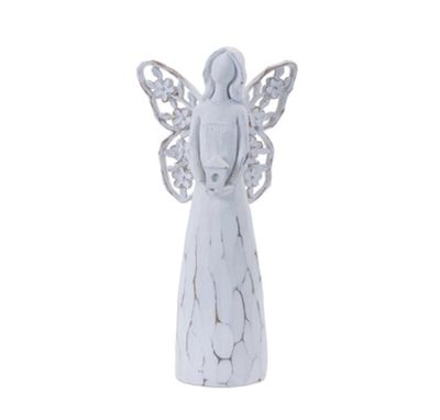 White Resin Angel with Birdhouse