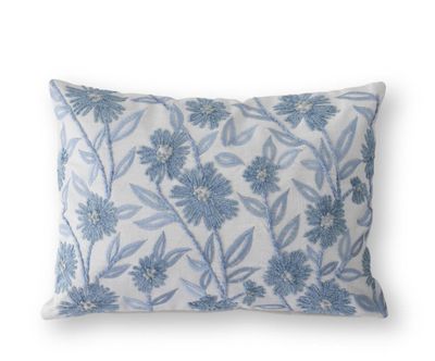 Lumbar White Linen + Blue Embroidered Floral Pillow