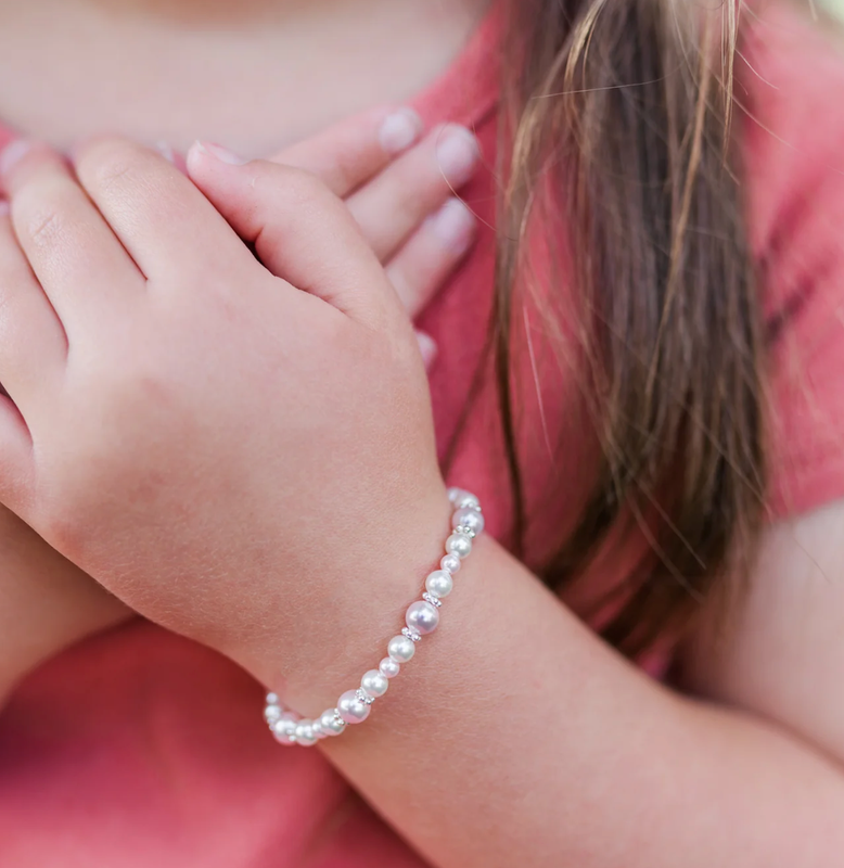 The Remi Serling Silver Pink &amp; White Swarovski Pearls + Heart Charm Child&#39;s Bracelet