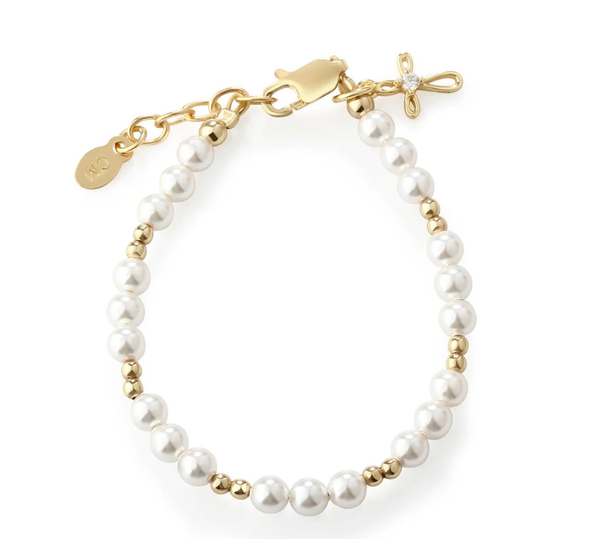 The Mae Gold Plated over Sterling Silver with Pearls + Gold Cross Charm Child&#39;s Bracelet, Size: S 0-12mth