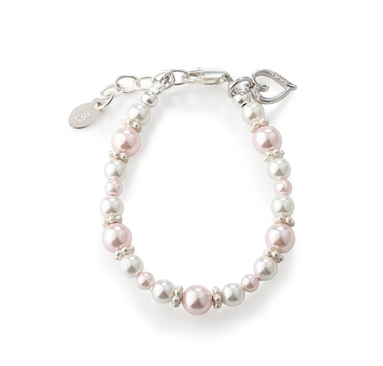 The Remi Serling Silver Pink &amp; White Swarovski Pearls + Heart Charm Child&#39;s Bracelet, Size: S 0-12mth