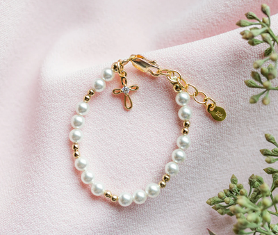 The Mae Gold Plated over Sterling Silver with Pearls + Gold Cross Charm Child&#39;s Bracelet