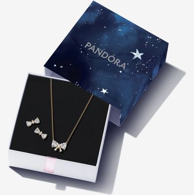 Sparkling Bow Jewelry Gift Set (14K Gold Plated Necklace and Earrings)